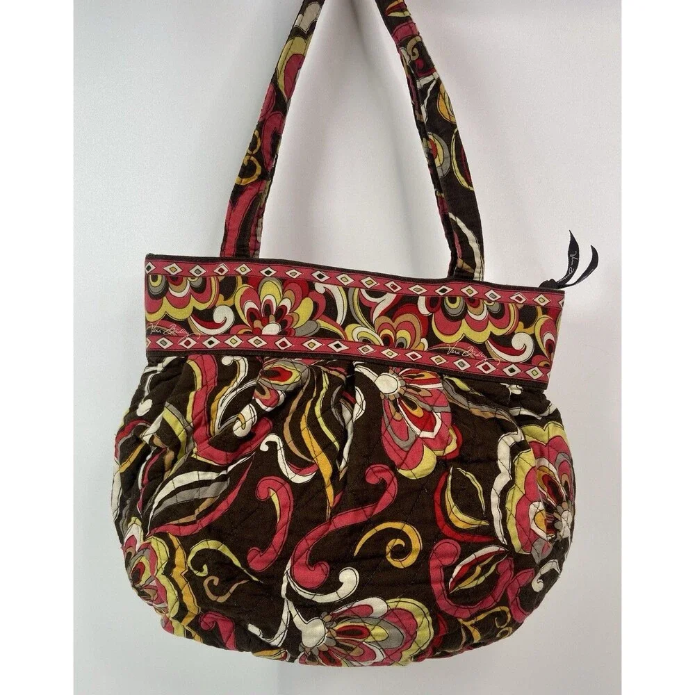 RETIRED Vera Bradley Morgan Tote Bag Mod Floral Pink Brown Yellow Birds Lot Of 2